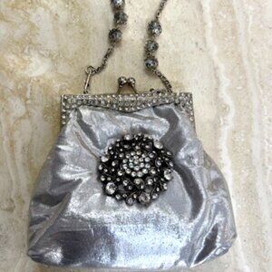 Vintage Metallic silver small evening bag with chain and crystal chain, vintage,